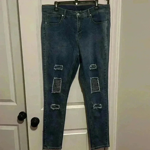 Venus NWOT Bling Mesh Holes Jeans Denim size 16 Y2K style - Picture 1 of 9